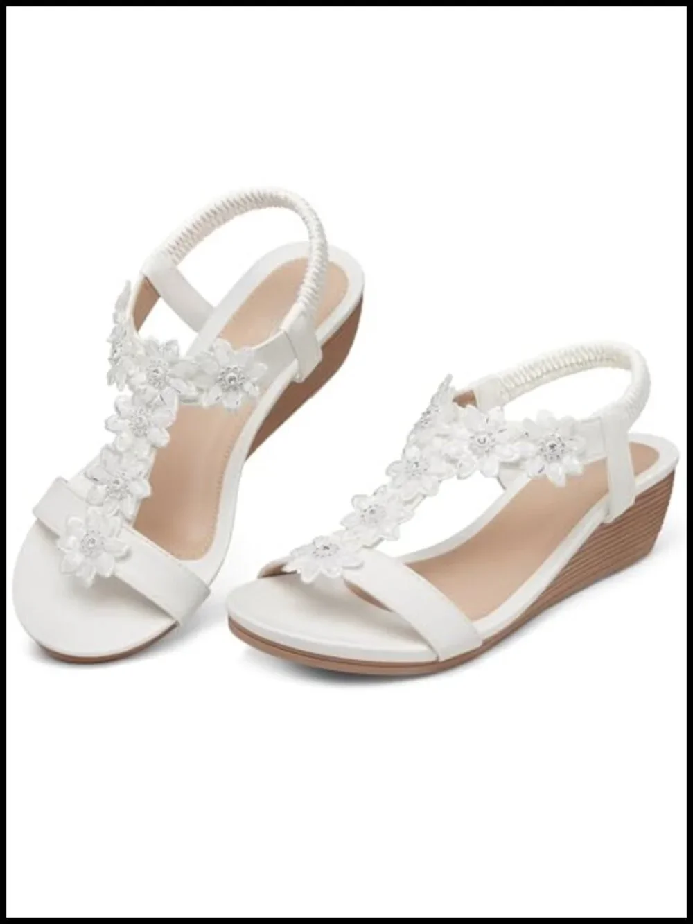 Boho Platform Wedge Sandals with Rhinestone Flower, Cushioned, Arch Support